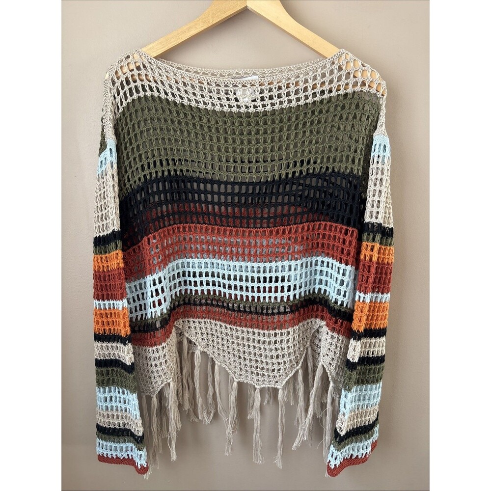 Vivid New York Crochet Sweater Womens S Striped Open Knit Fringe Hem